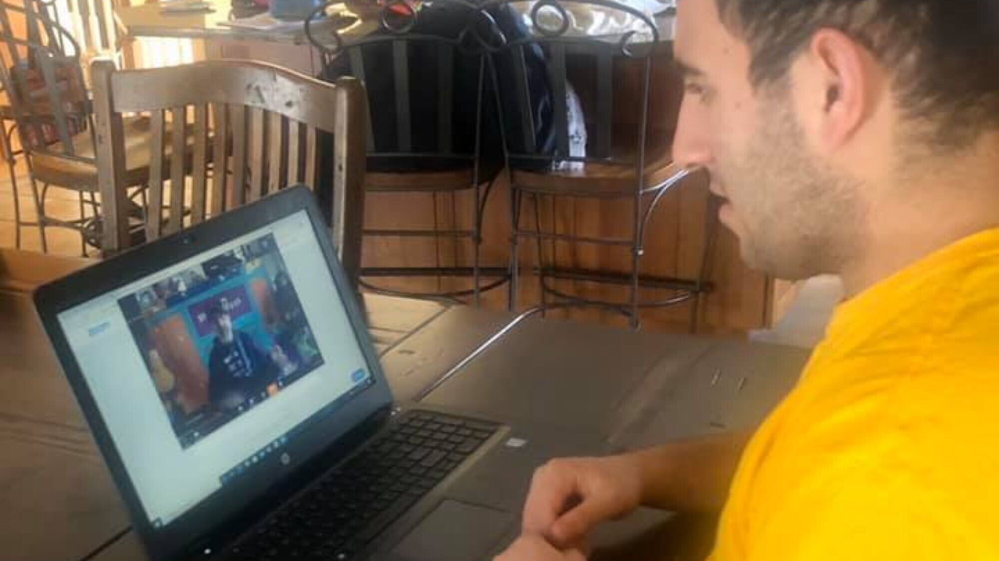 Friendship Circle participant Matthew Goldstein takes part in a Sunday-morning program online from Friendship Circle in Livingston, N.J. Credit: Courtesy.
