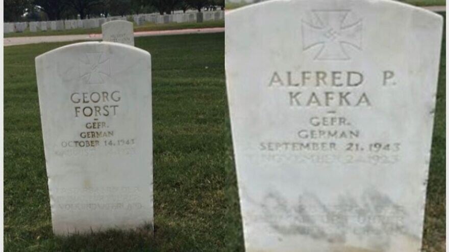 Two undated photos of POW gravestones inscribed with swastikas at the Fort Sam Houston National Cemetery in San Antonio, Texas. Credit: Military Religious Freedom Foundation.