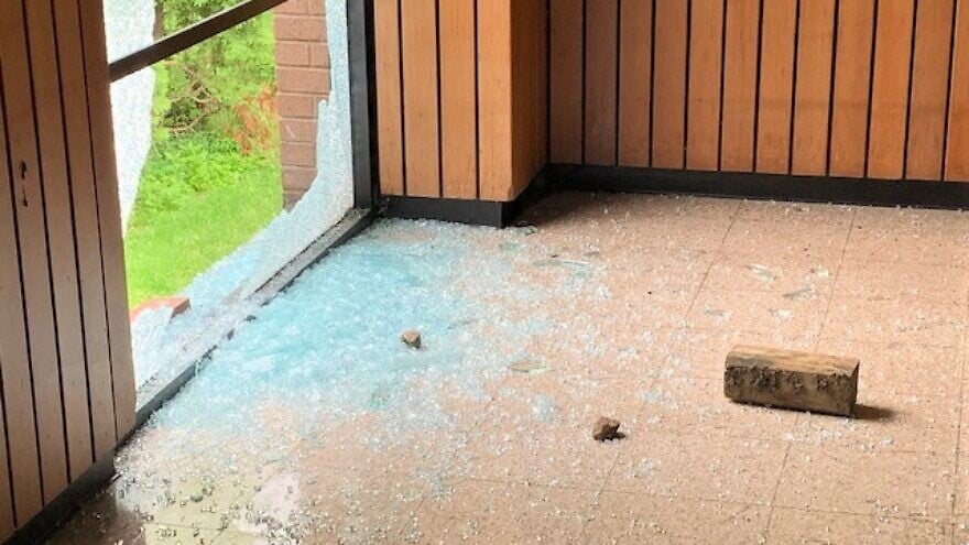 Nine windows were discovered broken at Congregation Anshai Emeth in Peoria, Ill., on May 20, 2020. Credit: Congregation Anshai Emeth.