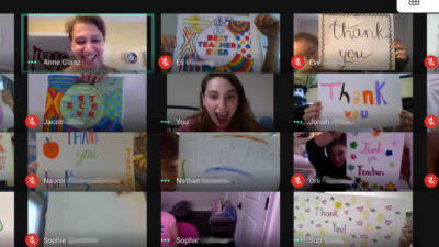 Students at the Rashi School thanking their teachers during an online Zoom class. Source: The Rashi School via Facebook.