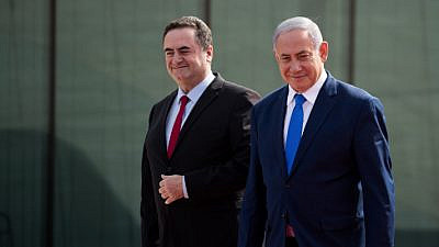 Then-Israeli Finance Minister Israel Katz and Prime Minister Benjamin Netanyahu at the opening ceremony for Ramon Airport near Eilat, Jan. 21, 2019. Photo by Yonatan Sindel/Flash90.