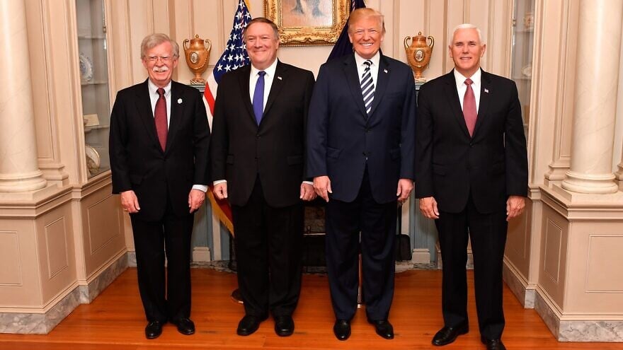 From left: U.S. National Security Advisor John Bolton, Secretary of State Mike Pompeo, U.S. President Donald Trump and Vice President Mike Pence at the U.S. Department of State in Washington, D.C., on May 2, 2018. Credit: State Department Photo, Public Domain.