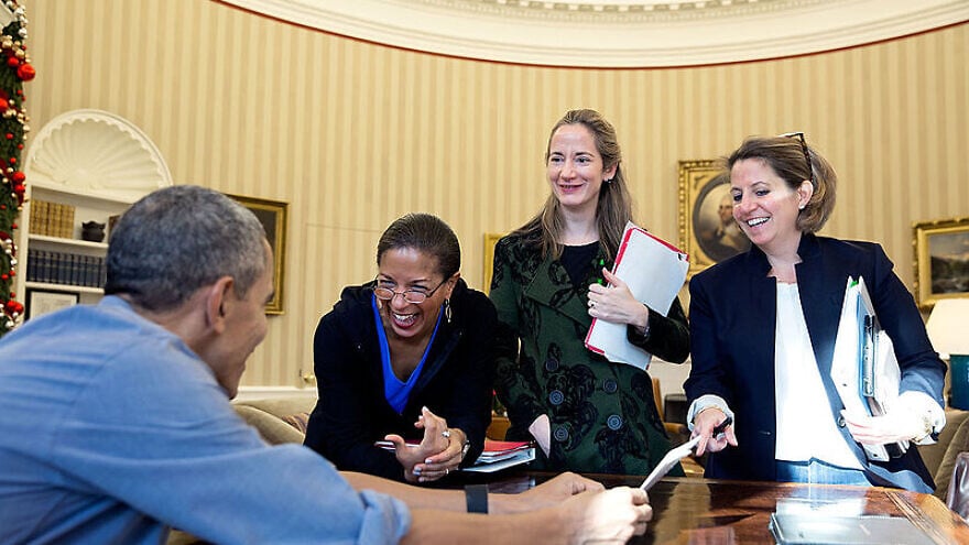 From left: National Security Advisor Susan E. Rice, Homeland Security Advisor Lisa Monaco and Deputy National Security Advisor Avril Haines as they joke about a cartoon in "The New Yorker" that resembled the three women, Dec. 5, 2015. Official White House photo by Pete Souza.
