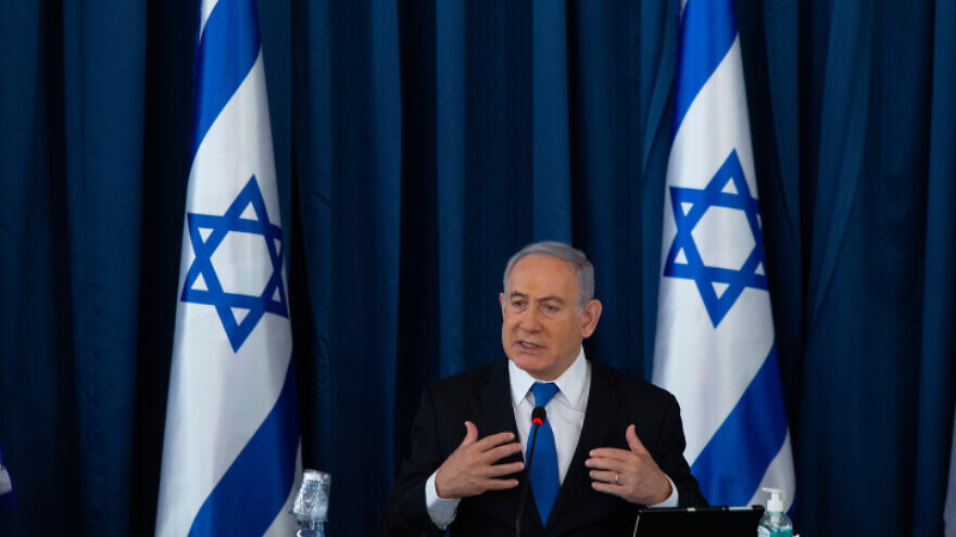 Israeli prime minister Benjamin Netanyahu and Defense Minister Benny Gantz at the weekly cabinet meeting, at the Foreign Ministry in Jerusalem on July 5, 2020.  Photo by Amit Shabi/POOL.