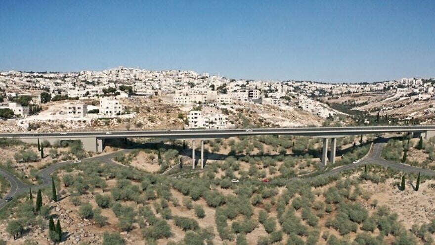 A rendition of a bridge along the route of the new “American Road.” Credit: Moriah Jerusalem Development Corporation.