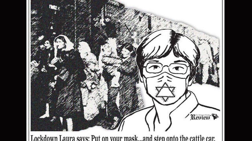 A political cartoon published by the Anderson County Review equated Kansas Gov. Laura Kelly's order requiring state residents to wear masks to help protect residents from the spread of the coronavirus with the Holocaust, July 3, 2020. Credit: The Anderson County Review/Facebook.