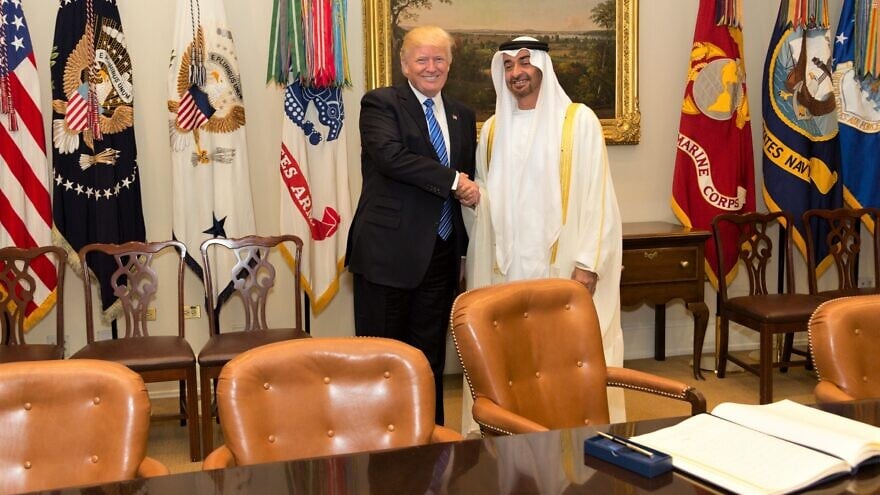 U.S. President Donald Trump and Sheikh Mohammed bin Zayed Al Nahyan in the Roosevelt Room of the White House in Washington, D.C., on May 15, 2017. Official White House Photo by Shealah Craighead.