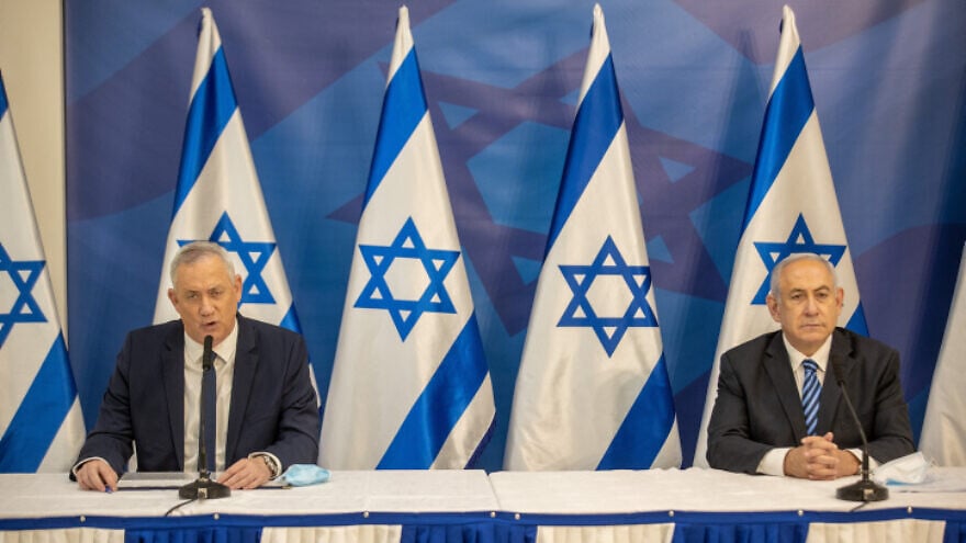 Israeli Prime Minister Benjamin Netanyahu and Defense Minister Benny Gantz hold a press conference in Tel Aviv on July 27, 2020.  Photo by Tal Shahar/POOL.
