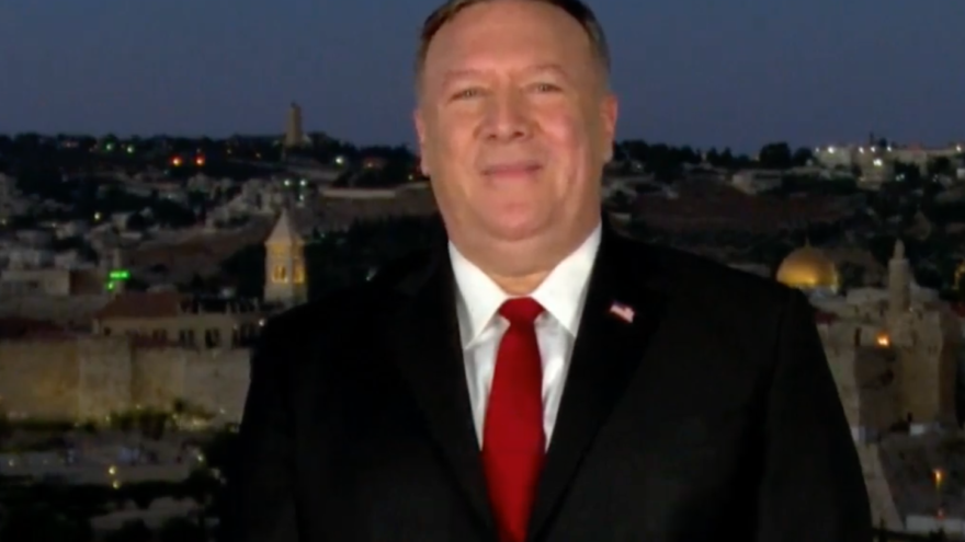 U.S. Secretary of State Mike Pompeo addresses the 2020 Republican National Convention in taped remarks from the rooftop of the King David Hotel in Jerusalem. Source: Screenshot.