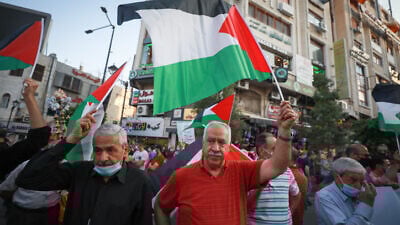 Palestinians in Ramallah, in Samaria, protest against the normalization agreements between Israel and the United Arab Emirates and Bahrain, Sept. 15, 2020. Credit: Flash90.