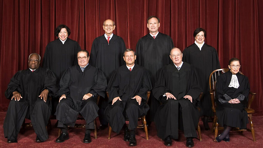 The U.S. Supreme Court in 2010. Top row (from left): Associate Justice Sonia Sotomayor, Associate Justice Stephen G. Breyer, Associate Justice Samuel A. Alito and Associate Justice Elena Kagan. Bottom row (from left): Associate Justice Clarence Thomas, Associate Justice Antonin Scalia, Chief Justice John G. Roberts, Associate Justice Anthony Kennedy and Associate Justice Ruth Bader Ginsburg.
