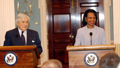 U.S. Secretary of State Condoleezza Rice and U.S. Special Envoy for Gaza Disengagement James D. Wolfensohn speak to the press after their meeting on May 1, 2006. Credit: U.S. State Department Photo by Michael Gross via Wikimedia Commons.