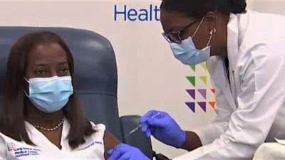 Sandra Lindsay, an intensive-care unit nurse at Long Island Jewish Medical Center in Queens, N.Y., was given Pfizer’s COVID-19 vaccine during a live video event on Dec. 14, 2020. Source: Screenshot.