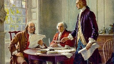 (From left) Benjamin Franklin, John Adams and Thomas Jefferson meet at Jefferson’s lodgings, on the corner of Seventh and High (Market) streets in Philadelphia, to review a draft of the Declaration of Independence. This postcard, published in 1932, is a reproduction of an oil painting from Jean Leon Gerome Ferris’s series: “The Pageant of a Nation.” Credit: Library of Congress.