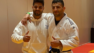 Israeli judoka Sagi Muki (left) and Saeid Mollaei in Tel Aviv on Feb. 16, 2021. Credit: Israel Judo Association.