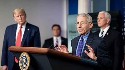 Former President Donald Trump, joined by Vice President Mike Pence, listen as director of the National Institute of Allergy and Infectious Diseases Dr. Anthony Fauci delivers remarks during a coronavirus update briefing on April 16, 2020, in the James S. Brady Press Briefing Room of the White House. Credit: Official White House Photo by Andrea Hanks.