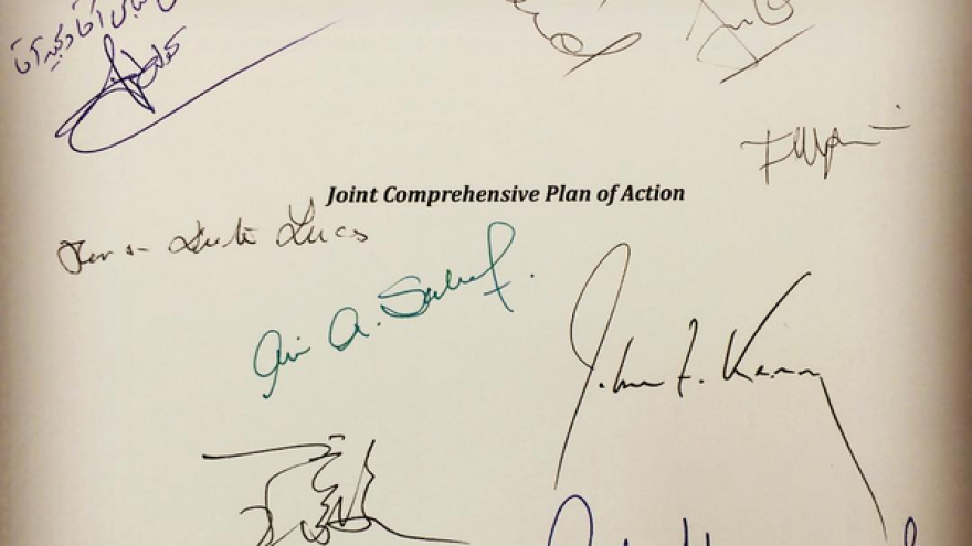 Signatures on the Joint Comprehensive Plan of Action (JCPOA) nuclear agreement with Iran. On the top left side is Persian handwriting by Iranian Foreign Minister Mohammad Javad Zarif, July 14, 2015. Credit: Wikimedia Commons.