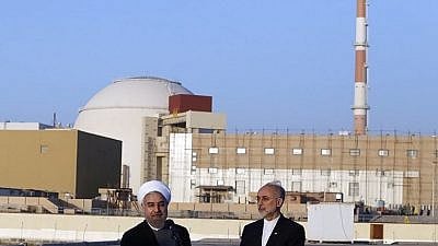 Iranian President Hassan Rouhani (left) and head of the Atomic Energy Organization of Iran (AEOI) Ali Akbar Salehi near the Bushehr nuclear plant. Credit: Hossein Heidarpour/Wikimedia Commons.