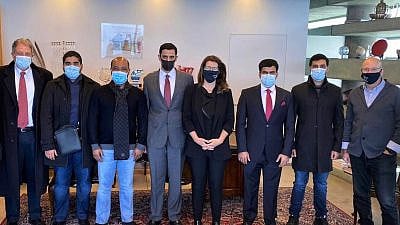 Efrat Duvdevani, director-general of the Peres Center for Peace and Innovation (center), and the center's senior adviser for international and diplomatic affairs Nadav Tamir (far right) with the UAE visiting delegation, Feb. 17, 2021. Credit: Courtesy Peres Center for Peace and Innovation.