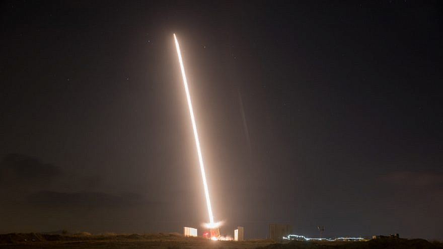 An Iron Dome air-defense battery in the southern Israeli city of Sderot fires an interceptor missile on Aug. 9, 2018. Photo by Yonatan Sindel/Flash90.