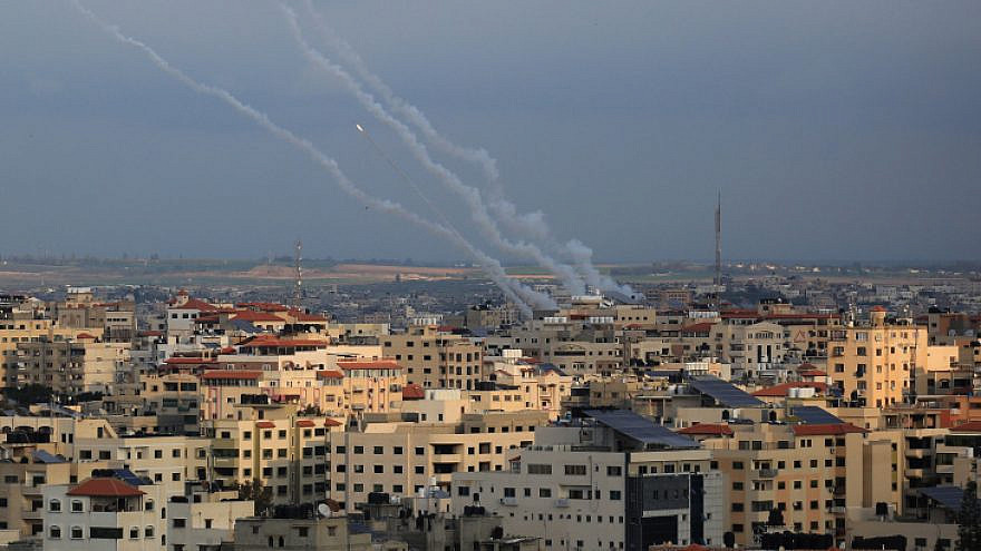 File photo: Smoke trails from rockets fired by Palestinian militants in Gaza City on Feb. 24, 2020. Photo by Ail Ahmed/Flash90.