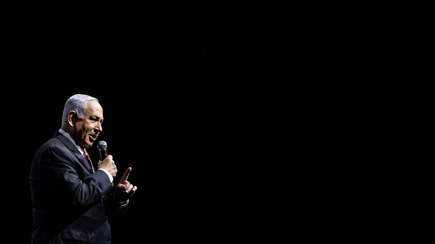 Israeli Prime Minister Benjamin Netanyahu speaks at the annual Jerusalem Conference of the "Besheva" group in Jerusalem, on March 14, 2021. Photo by Yonatan Sindel/Flash90.