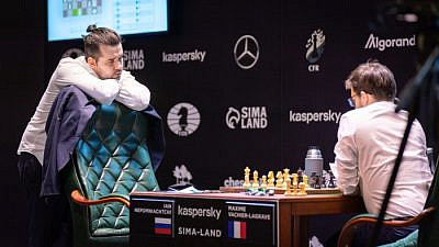Russian Jewish chess player Ian Nepomniachtchi (left). Credit: FIDE International Chess Federation.
