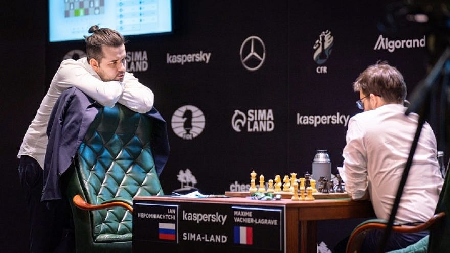 Russian Jewish chess player Ian Nepomniachtchi (left). Credit: FIDE International Chess Federation.