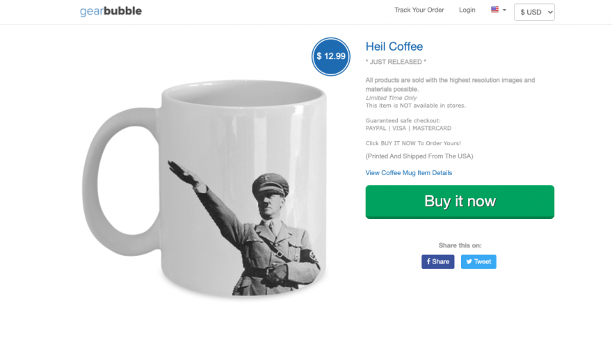 A screenshot from GearBubble featuring a coffee mug with a picture of Adolf Hitler. Source: Screenshot.
