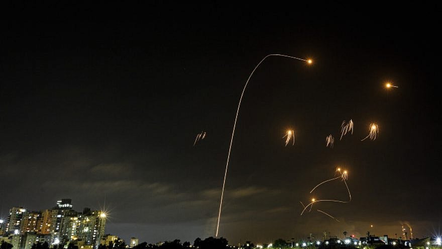 A long-exposure shot shows the Iron Dome air-defense system intercepting missiles launched from Hamas in the Gaza Strip towards Israel, as seen from the southern Israeli city of Ashkelon on May 10, 2021. Photo by Edi Israel/Flash90.