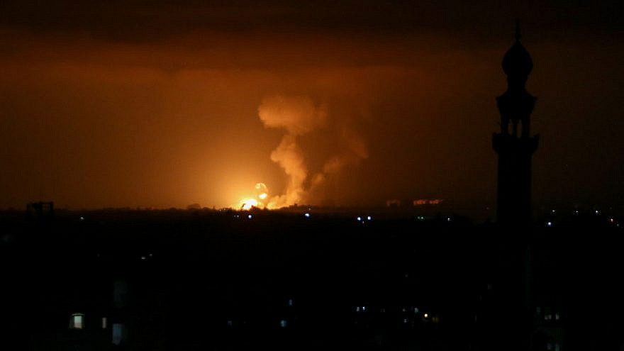 Fire and smoke seen after Israeli airstrikes in Rafah, in the southern Gaza Strip, on May 10, 2021. Photo by Abed Rahim Khatib/Flash90.