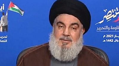 Hezbollah Secretary-General Hassan Nasrallah during a televised address marking the 21st anniversary of Israel's withdrawal from Southern Lebanon on May 25, 2021. Source: Screenshot.