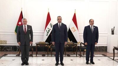 Egyptian President Abdel Fattah el-Sisi (right), Iraqi Prime Minister Mustafa al-Kadhimi (center) and Jordanian King Abdullah II at the Government Palace in Baghdad, June 28, 2021. Source: Twitter.