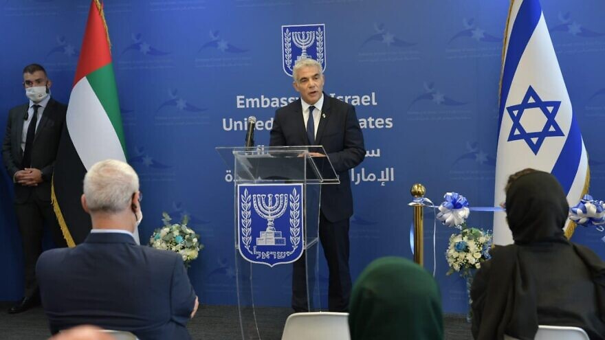 Israeli Foreign Minister Yair Lapid at the ceremony opening the Israeli Embassy in Abu Dhabi, July 29, 2021. Photo by Shlomi Amsalem/GPO