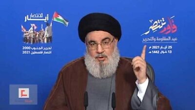 Hezbollah Secretary-General Hassan Nasrallah flanked by Iranian Supreme Leader Ali Khamenei and the late Quds Force commander Qassem Soleimani. Credit: Khamenei.ir.