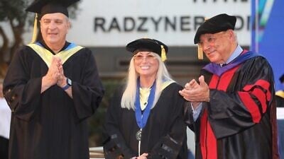 Dr. Miriam Adelson with IDC President Professor Uriel Reichman, right, and IDC Chancellor Oudi Recanati. Credit: Gideon Markowicz.