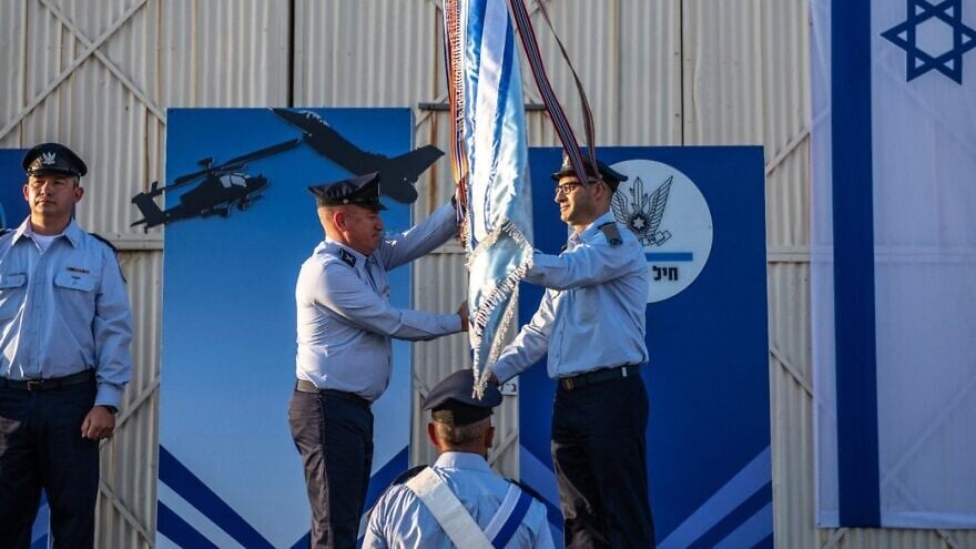 Israeli Air Force Col. Awad Suleiman (right) took command of Air Maintenance Unit 22, becoming the first Druze colonel to do so, in a ceremony on Aug. 11, 2021. Credit: IAF.