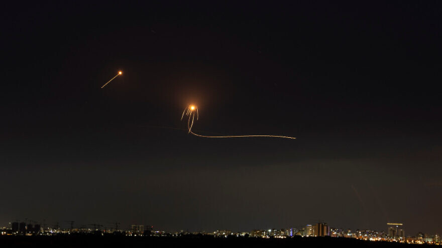 A long-exposure picture showing Israel's Iron Dome air-defense system intercepting rockets fired from the Gaza Strip, as seen from Ashkelon, May 14, 2021. Photo by Avi Roccah/Flash90.