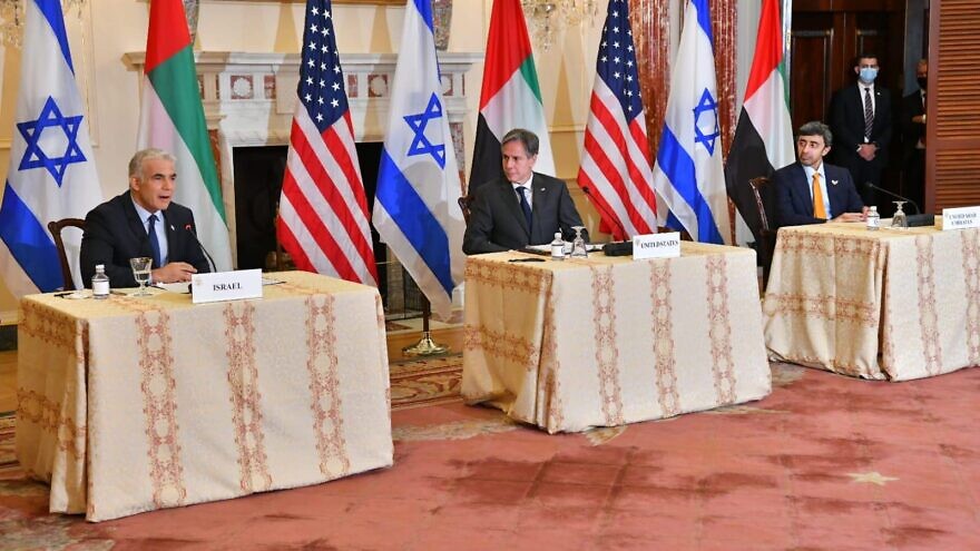 The trilateral summit at the U.S. State Department with Secretary of State Antony Blinken, Foreign Minister of the United Arab Emirates Sheikh Abdullah bin Zayed and Foreign Minister of Israel Yair Lapid, Oct. 13, 2021. Credit: Shlomi Amsalem/GPO.