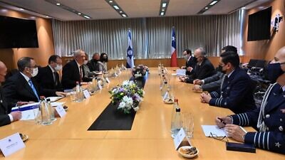 Israeli Defense Minister Benny Gantz meets with his counterpart,  Chilean Defense Minister Baldo Prokurica, and other military officials in Tel Aviv, where they signed a Memorandum of Understanding centered on mutual defense, Oct. 6, 2021. Photo by Ariel Hermoni/Israel Ministry of Defense.
