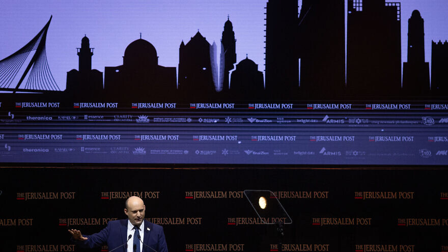Israeli Prime Minister Naftali Bennett speaks at the Jerusalem Post Conference on Oct. 12, 2021. Photo by Yonatan Sindel/Flash90.