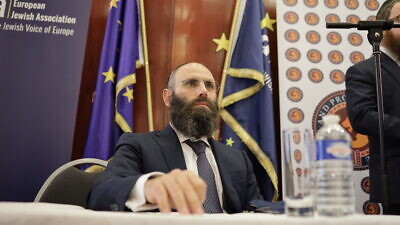 Rabbi Menachem Margolin, chairman of the European Jewish Association (EJA), speaks to conference participants at the EJA Conference of Jewish Leaders in Brussels, held from Oct. 12-13, 2021. Photo by Eli Mandelbaum.