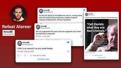 Statements by Palestinian  writer and educator Refaat Alareer. Credit: HonestReporting.