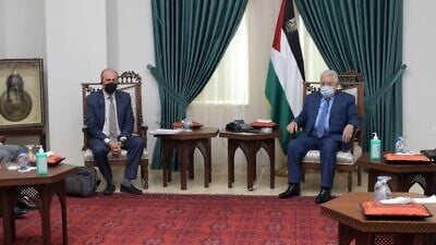 Palestinian Authority leader Mahmoud Abbas receives U.S. envoy Hady Amr and his delegation in Ramallah, Oct. 4, 2021. Credit: Thayer Ghanayem/WAFA Images.