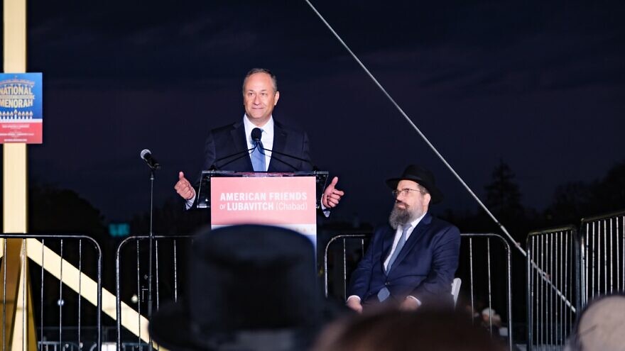 Second gentleman Doug Emhoff serves as keynote speaker during the lighting of the National Menorah near the South Lawn of the White House, Nov. 28, 2021. Photo by Dmitriy Shapiro.
