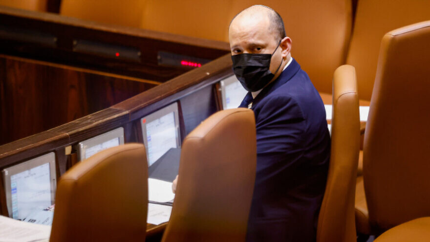 Israeli Prime Minister Naftali Bennett at the Knesset assembly hall for a special session in memory of Israel's first prime minister, David Ben-Gurion, on Nov. 8, 2021. Photo by Olivier Fitoussi/Flash90.