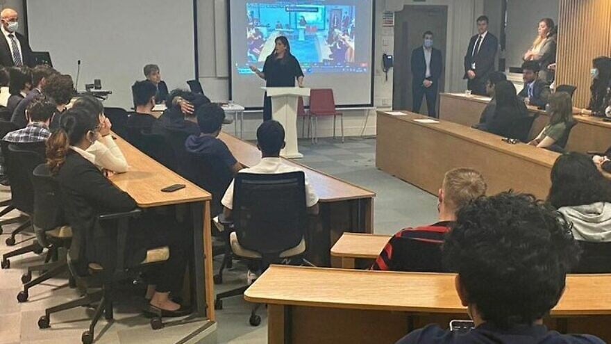 Israeli Ambassador to the United Kingdom Tzipi Hotovely speaks at an event at the London School of Economics on Nov. 10, 2021. Source: Tzipi Hotovely/X.