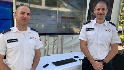 Ido Rosenblat, Magen David Adom chief information officer, and Uri Shacham, MDA chief of staff, stand in front of “MDAnet,” the technology system used in Israel and modified for Hatzalah South Florida, Dec. 14, 2021. Credit: Courtesy.