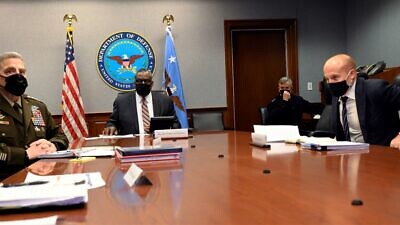 Max Rose (right) attends a meeting on the coronavirus pandemic run by U.S. Defense Secretary Lloyd Austin attended by senior staff at the Pentagon in Washington, D.C., on Jan. 22, 2021. Credit: U.S. Department of Defense Photo by Lisa Ferdinando.