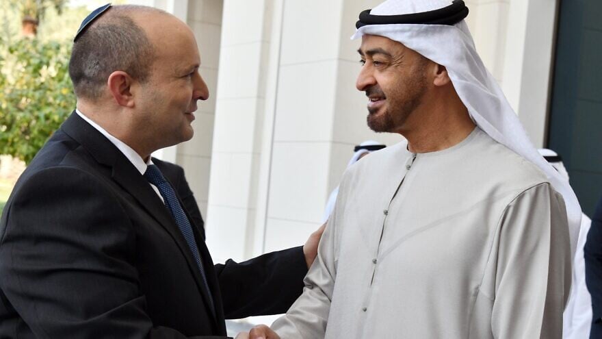 Israeli Prime Minister Naftali Bennett is greeted by Abu Dhabi Crown Prince Sheikh Mohammed bin Zayed at his private palace in Abu Dhabi, Dec. 13, 2021. Credit: Haim Zach/GPO.